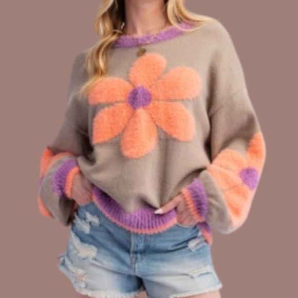 NEW Fabulous Boho Daisy Pattern Knit Relaxed Fit Pullover Sweater - Picture 2 of 5
